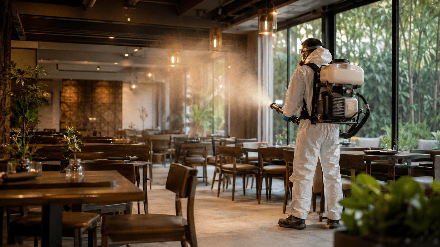 Técnico EcoControl realizando aplicação em restaurante